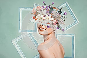 Abstract art collage of young woman with flowers