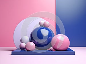 Abstract art 3D pink and blue geometric solid shape and form still life.