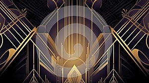 Abstract art deco. Great Gatsby 1920s geometric architecture background. Retro vintage black, gold, and silver roaring 20s