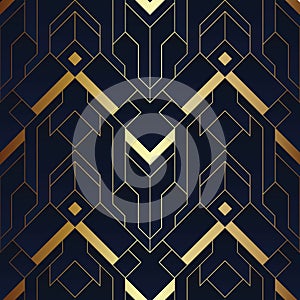 Abstract art deco seamless blue and golden pattern