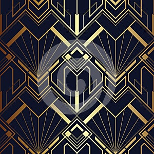 Abstract art deco seamless blue and golden pattern