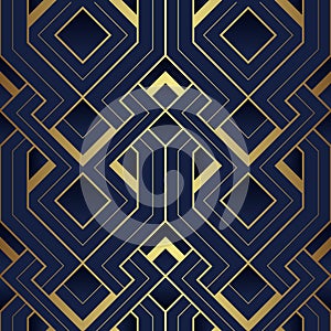 Abstract art deco seamless blue and golden pattern