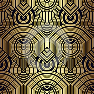 Abstract art deco seamless blue and golden pattern