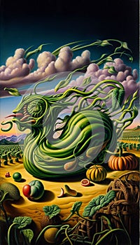 Abstract art composition with surreal fruit and vegetables original art