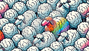 Conceptual surreal illustration of the rebel, the odd one in a herd of identical sheep photo