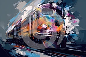Abstract art. Dynamic Rails: A Vibrant Painting Showcasing a Colorful Modern Train