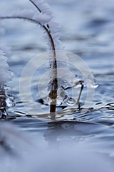 Abstract art. Frosty hays and the water surface. Cold morning.