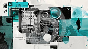 Abstract art of geometric shape and lines in black, white, and turquoise. AIG53F. photo