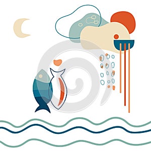 Abstract art geometric shapes nature theme with moon,water,sea and fish Minimalist vector illustration photo