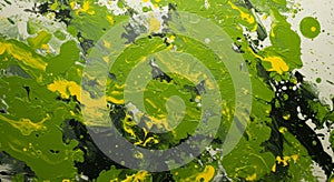Abstract Art with Green and Yellow Splatters on a White Background photo
