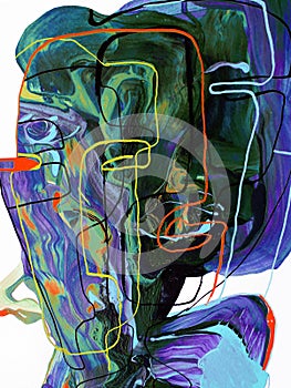 Abstract art, Hand drawn face, color texture design illustration.