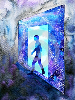 Abstract art human walking through light blue window door to universe watercolor painting illustration design background