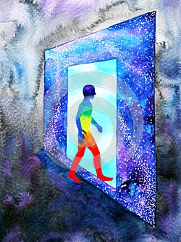 Abstract art human walking through light blue window door to universe watercolor painting illustration design background