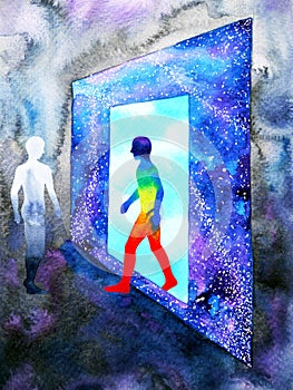 Abstract art human walking through light blue window door to universe watercolor painting illustration design background