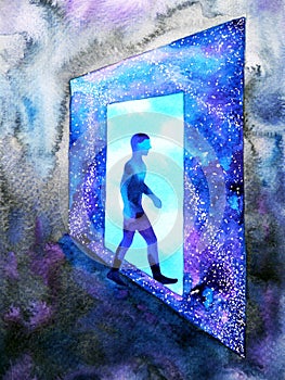 Abstract art human walking through light blue window door to universe watercolor painting illustration design background