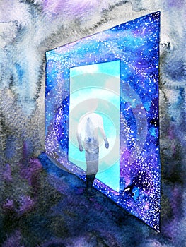 Abstract art human walking through light blue window door to universe watercolor painting illustration design background