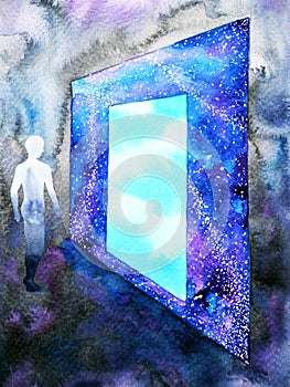 Abstract art human walking through light blue window door to universe watercolor painting illustration design background