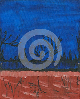 abstract art illustrative of dark night with distant trees and lake water with shore with sand