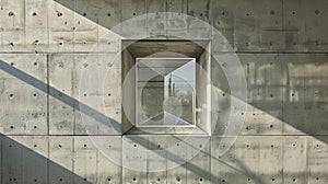 An abstract art installation features a clear glass cube embedded within a solid concrete wall symbolizing the merging
