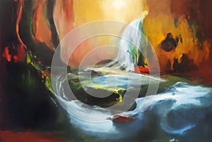 Abstract art, landscape, waterfall, oil on canvas, watercolours, sketch art material backdrop, Created using