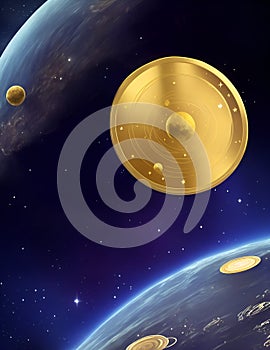 Abstract art, a large gold coin in outer space, generated by AI.