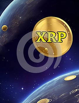 Abstract art, a large gold coin in outer space, with the letters XRP on it, generated by AI.