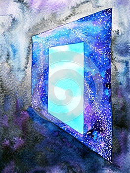 Abstract art light blue window door to universe watercolor painting illustration design background hand drawn