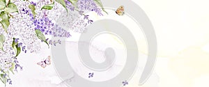 Abstract art with lilacs and butterflies on a watercolor stains background