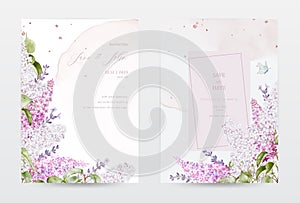 Abstract art with lilacs and butterflies on a watercolor stains background