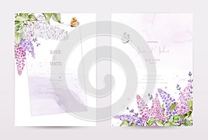 Abstract art with lilacs and butterflies on a watercolor stains background