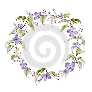 Abstract art with lilacs and butterflies on a watercolor stains background