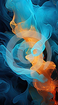 Abstract Art of Minimalistic Orange and Cyan Dense Liquid Smoke on Backdrop