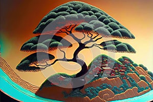 Abstract Art. Modern Art. Abstract Landscape with Island, Mountain Landscape, with Fields and Trees. Generative AI