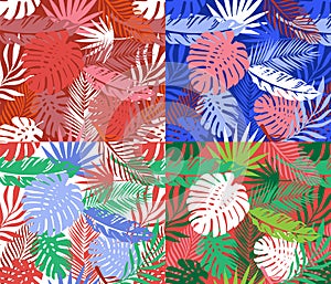 Abstract art nature background vector set palm monstera leaves patchwork. Modern tropical summer foliage botanical leaves and