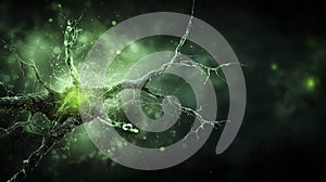 Abstract art of neural networks close-up on jadegreen points in a dark digital environment