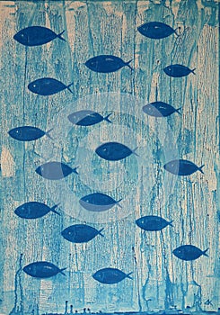 Abstract art painting of the blue fishes