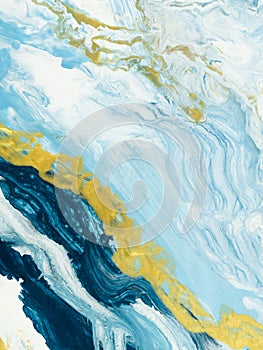 Abstract art painting, blue with gold creative hand painted background, marble and brush  texture