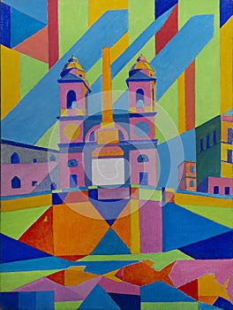 Abstract art painting of fishes and Spanish Steps in Rome Italy