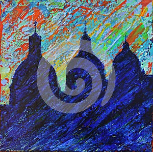 Abstract art painting of three churches