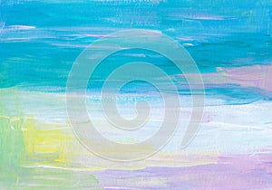 Abstract art pastel white, blue, pink, yellow textured background. Brush strokes on paper. Contemporary artwork. Colorful