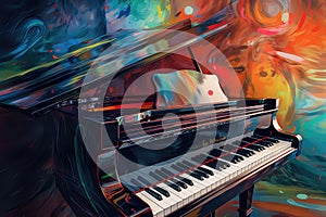 Abstract art. Piano Symphony: Dynamic Painting Depicting a Colorful Grand Piano in a Room