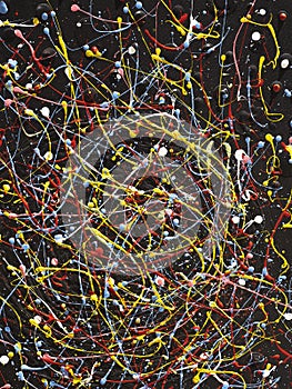 abstract art picture in jackson style pollock color splash on black background