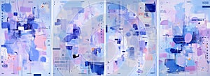 An abstract art piece featuring four posters, each displaying an array of pastel colored shapes and lines in shades of blue, pink