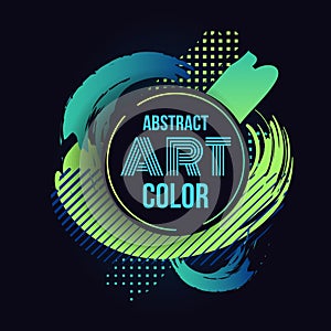 Abstract art poster. Social media post. Green and blue Half dots and paint drops isolated on black background. Bright