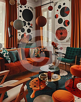Abstract Art Poster: Striking Orange and Black Decor in Modern Living Room