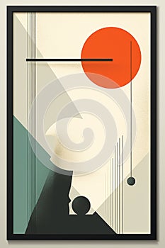 an abstract art print with a red sun and a black frame