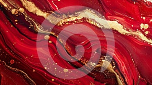 Abstract art red marbled pattern with golden veins