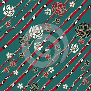 Abstract art roses like brooch, coral snakes and jewelry diamond chains on turquoise background.