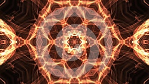 Abstract art symmetric golden fire plasma kaleidoscopic pattern in flame energy ornamental animated for intro. 4K 3D render.