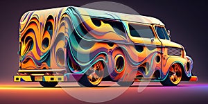 Abstract art in truck van in fire color pattern with hot wheel.